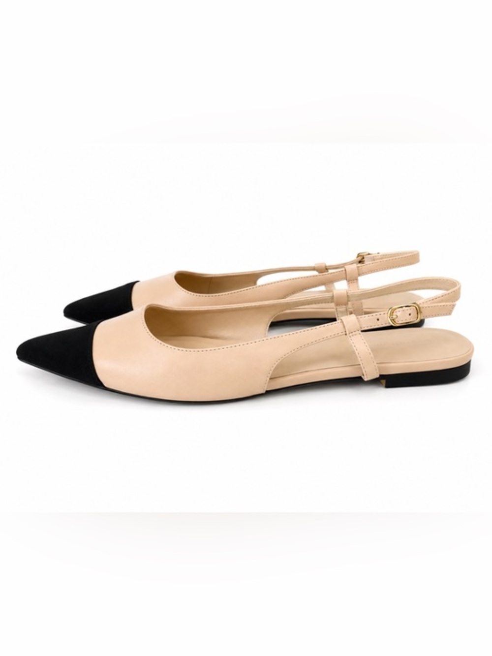Saks Fifth Avenue Cap Toe Slingback Flats Nude Black Pointed Toe Shoes 9.5